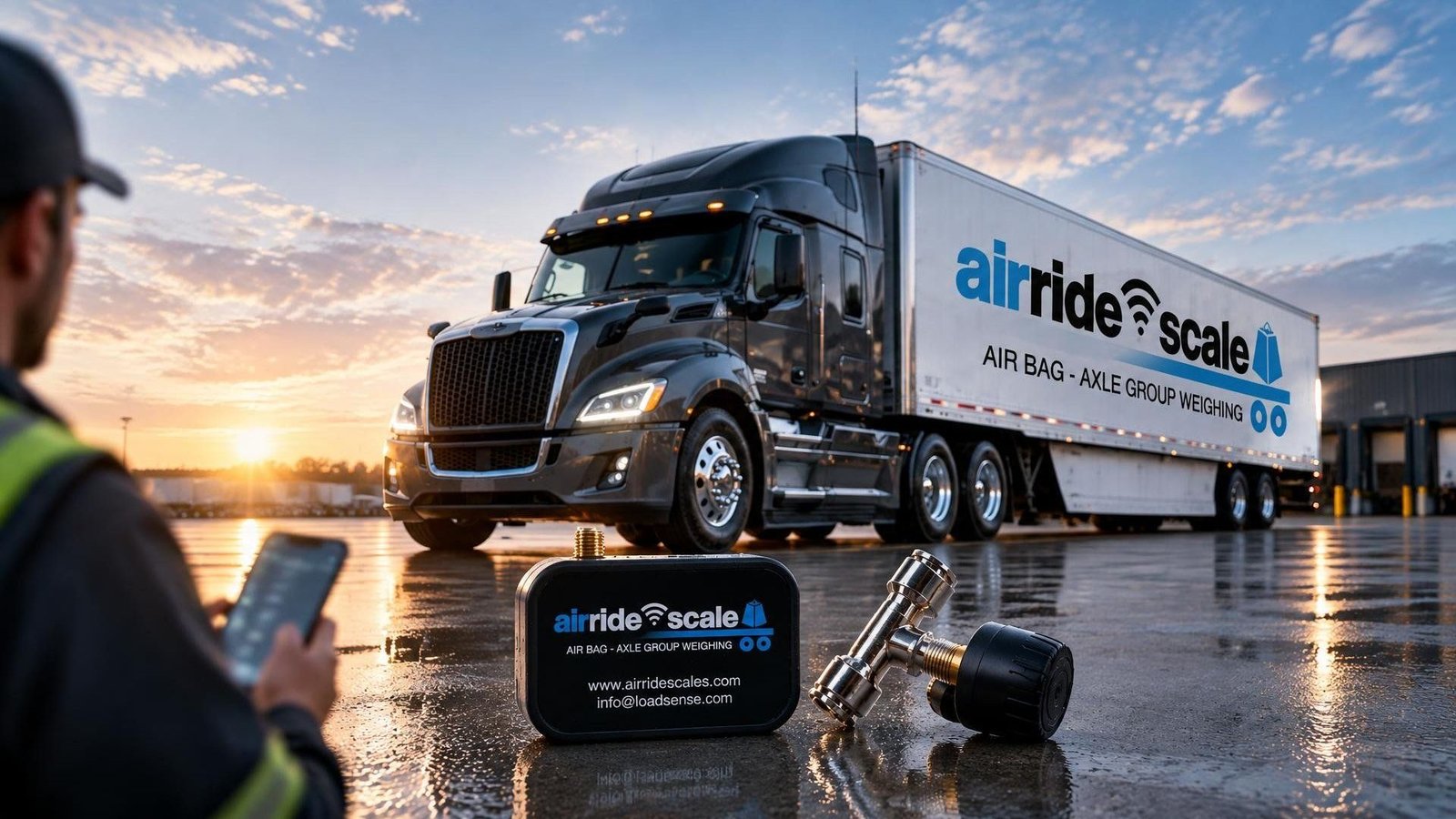 Air ride scale for axle group weighing on air bag suspension trucks, tractors, trailers and reefers: cost effective wireless RF sensors and Bluetooth Air Link by AirRide Scale