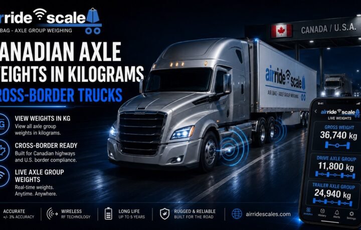 Air ride scale displaying Canadian axle group weights in kilograms on a tractor trailer at a loading dock