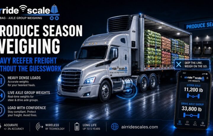 Air ride scale weighing a reefer trailer loading dense produce during harvest season in the USA