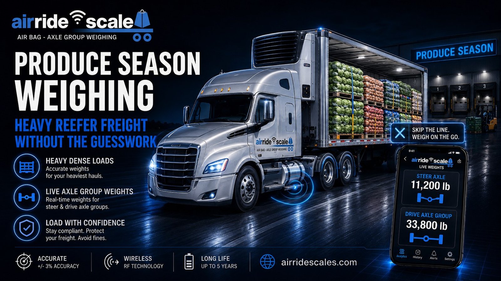Air ride scale weighing a reefer trailer loading dense produce during harvest season in the USA