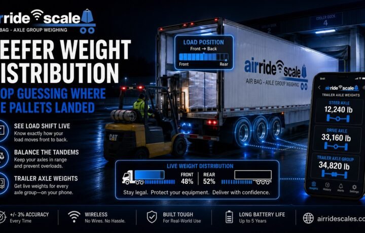 Air ride scale showing reefer trailer weight distribution across drive and trailer axle groups during pallet loading