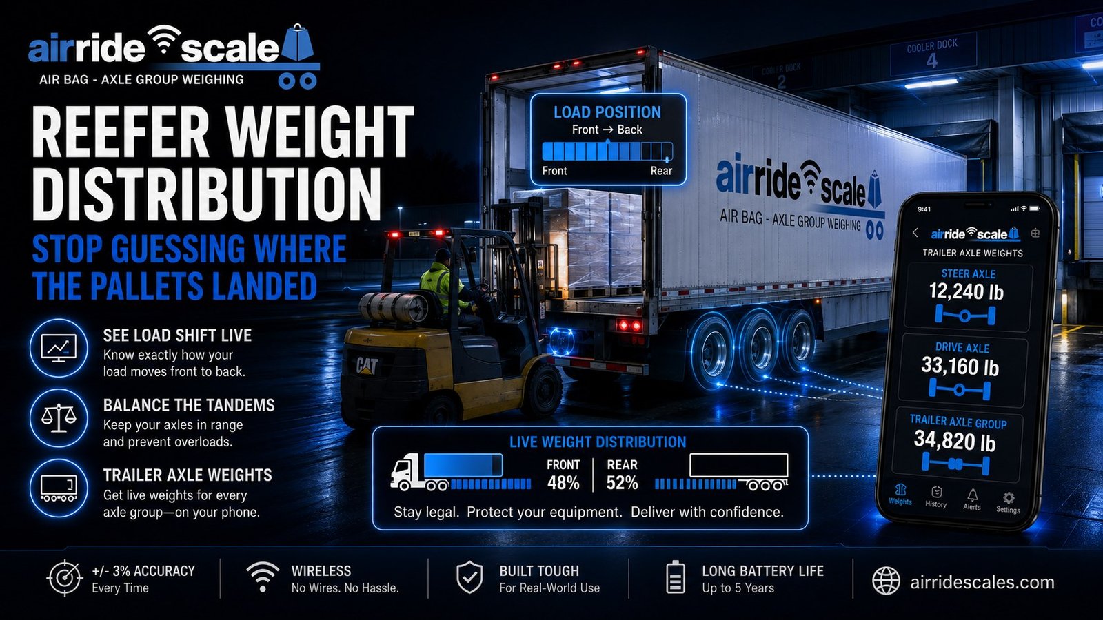 Air ride scale showing reefer trailer weight distribution across drive and trailer axle groups during pallet loading
