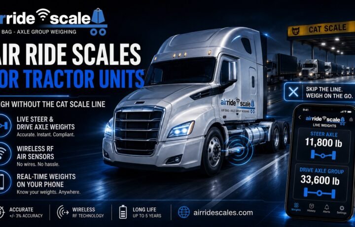 Air ride scale on a tractor unit showing live steer and drive axle weights on a phone instead of a CAT scale ticket
