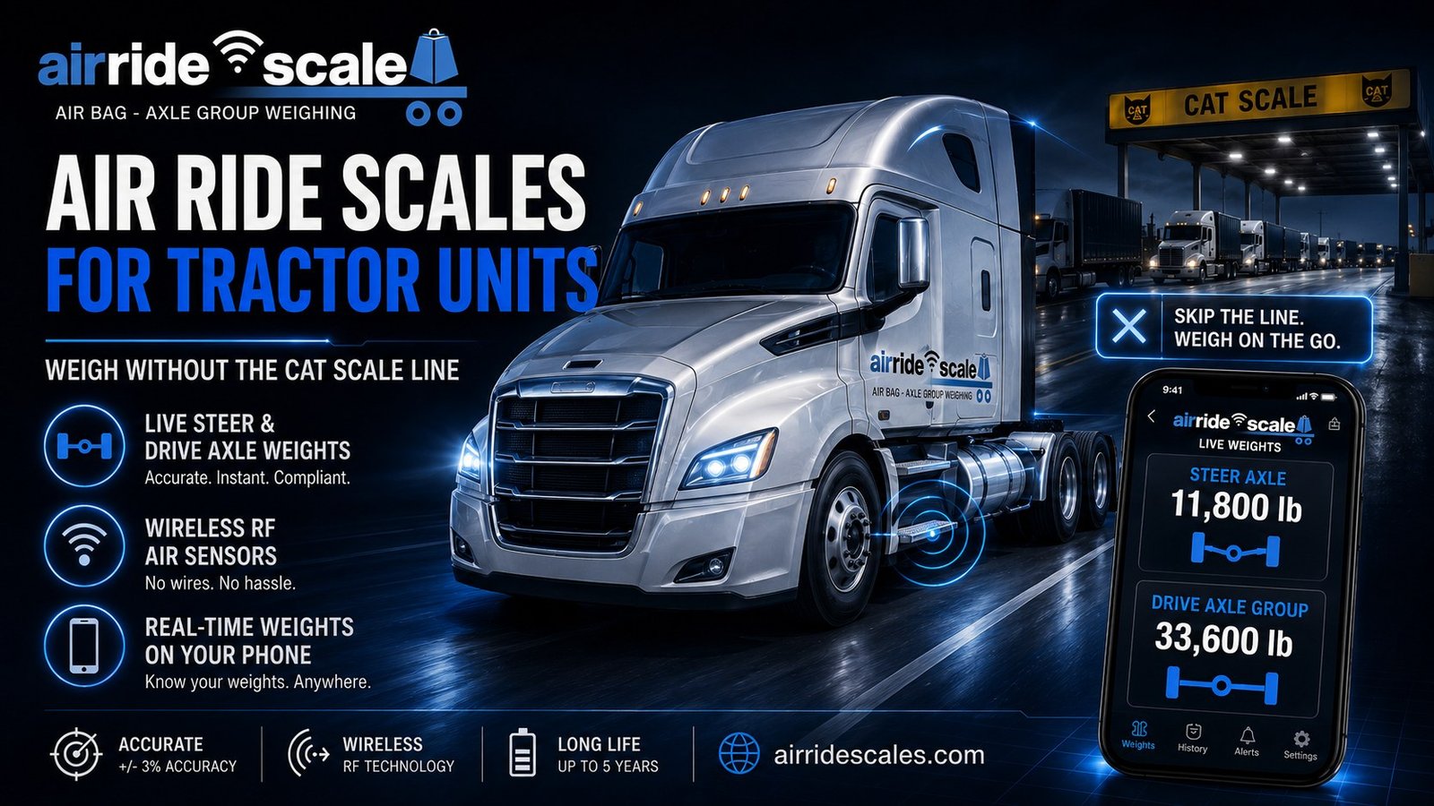 Air ride scale on a tractor unit showing live steer and drive axle weights on a phone instead of a CAT scale ticket