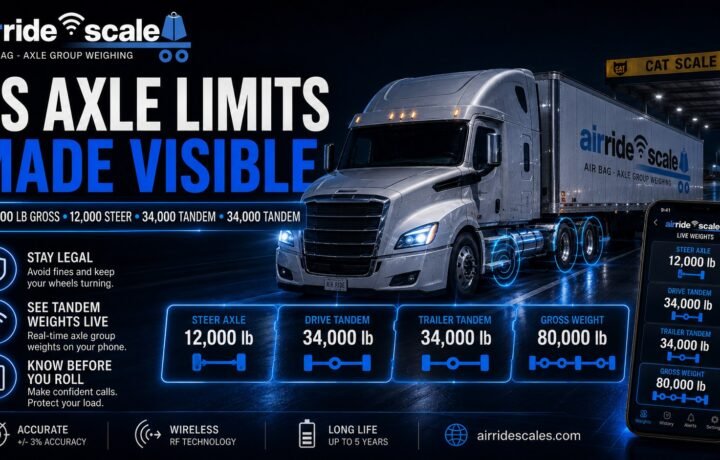 US federal axle weight limits on a tractor trailer shown live by an air ride scale: steer, drive tandem and trailer tandem